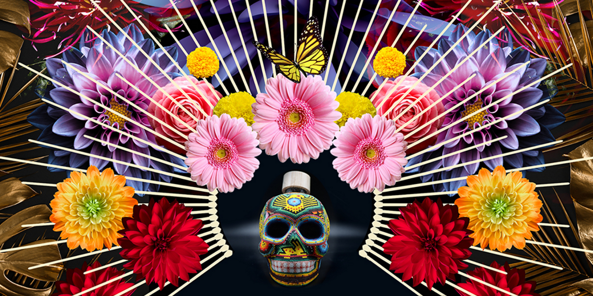 Motif inspiré du Dia de Muertos avec une bouteille décorée d'un crâne en sucre, sur fond de fleurs colorées et d'un papillon jaune.
